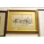 Gilt Framed Japanese Woodblock Study of Crane Birds in Wetlands, signed