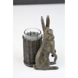 Bronze Hare Tooth Pick Holder, the hare raised on hind legs, the basket with glass liner to hold
