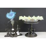 19th century Single Stem Frilled Blue Tinted Glass Epergne raised on a Spelter Base, 31cms high