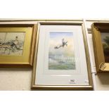 Mixed Media Painting of Military Bi-Plane in Flight, signed and dated 75, 29cms x 17cms, framed