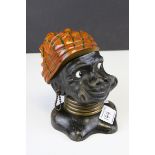 Wooden Lidded Box in the form of an African Woman with Glass Eyes, 16cms high