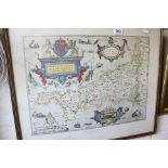 Reproduction Saxton's Map of Cornwall 1596, 36cms x 49cms, framed and glazed