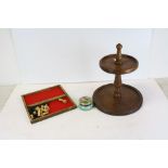 Wooden Circular Two Tier Stand, Chess Board Box with Pieces and a Ceramic Lidded Trinket Box