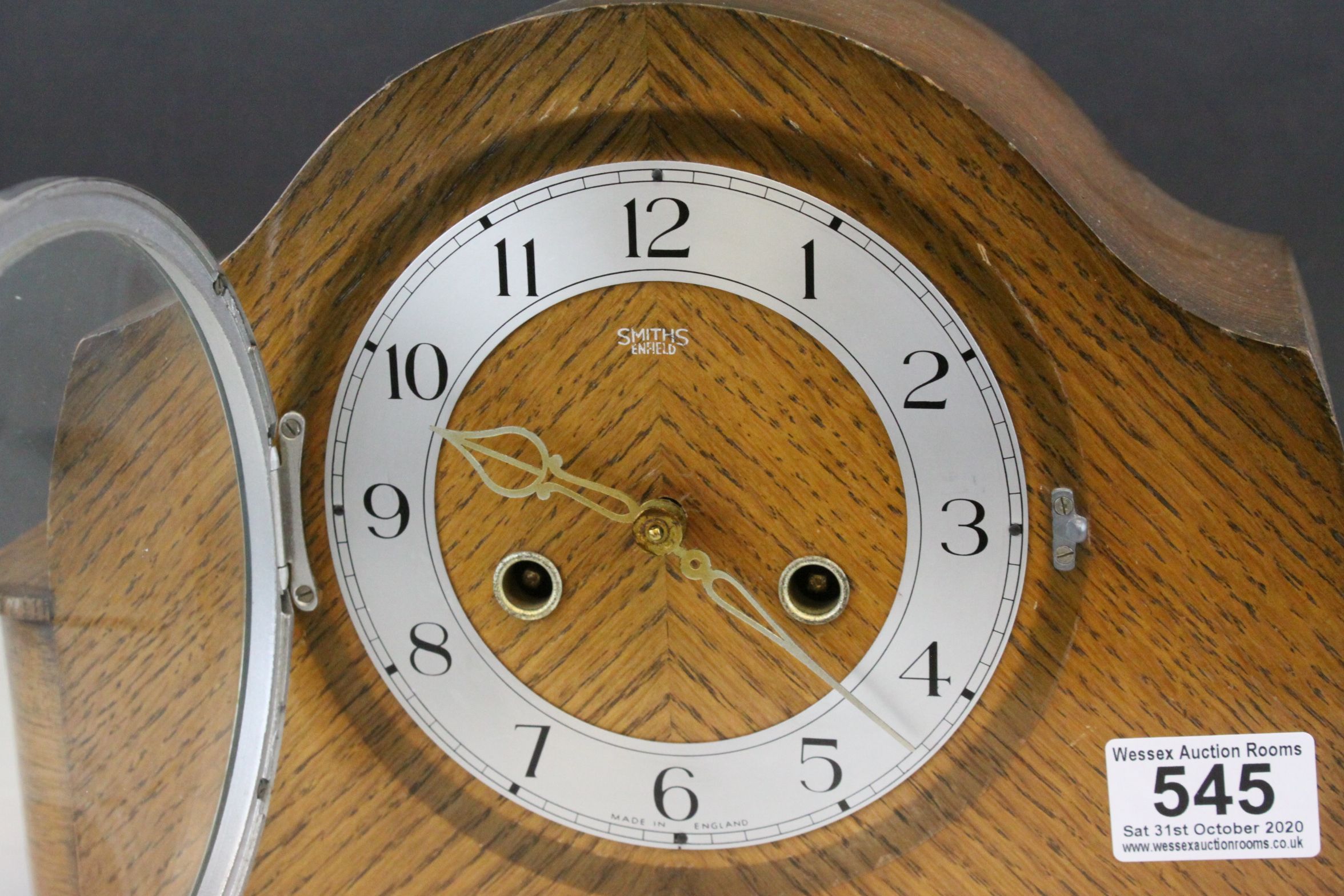 Mid 20th century oak cased two train movement bracket clock and a small mahogany cased mantle - Image 4 of 5