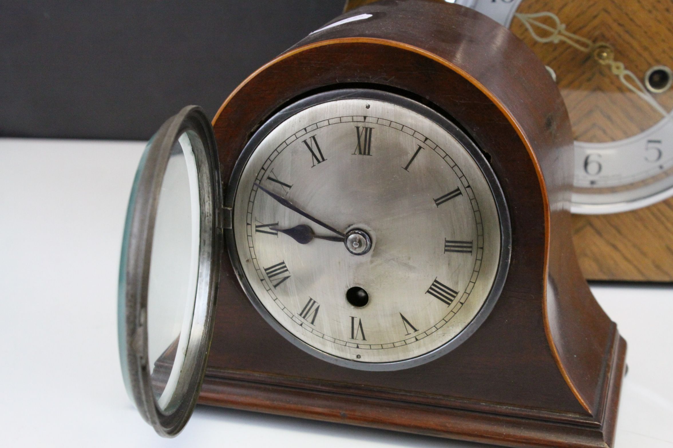 Mid 20th century oak cased two train movement bracket clock and a small mahogany cased mantle - Image 5 of 5