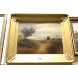 Oil Painting on Board, landscape scene with figures and sheep near a Windmill, 24cms x 32cms, gilt