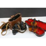 Leather Cased Set of Wray Binoculars together with a Cased Miniature Violin