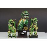 Chinese Pottery Sancai Glazed Dog of Foo, 26cms high together with a Pair of Chinese Pottery Dogs of