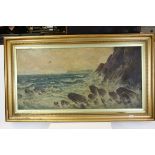 Large Victorian Oil Painting on Canvas of a Rugged Sea Scape by G Watson 1900
