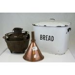 Mid 20th century White Enamel Bread Bin together with a Copper Funnel