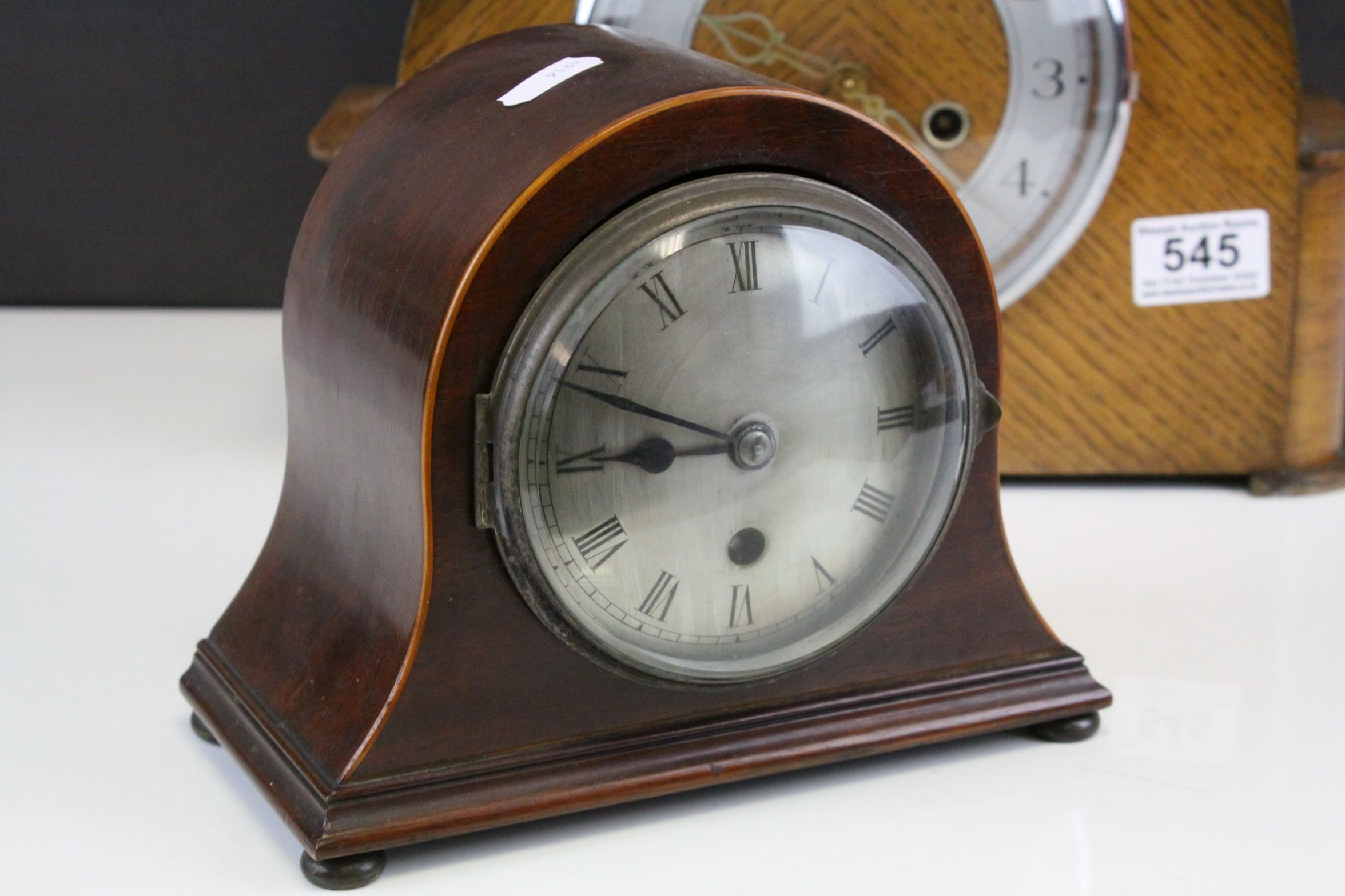 Mid 20th century oak cased two train movement bracket clock and a small mahogany cased mantle - Image 2 of 5