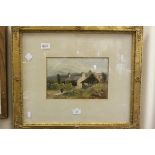 D W Barker late 19th century gilt framed watercolour rural scene with figure and cottage 18 x 26