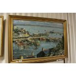 A mid 20th century oil on board of a busy harbour scene, indistincly signed 50 x 76.cm.