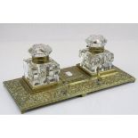 Late 19th / Early 20th century Brass Standish with Two Cut Glass Inkwells, 32cms long