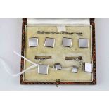 Mother-of-pearl and silver cufflinks and dress stud set, square panels of mother-of-pearl with