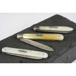 Three mother-of-pearl handled silver bladed folding fruit knives, makers William Needham,