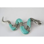 Silver Turquoise and Marcasite Snake Brooch - Pendant