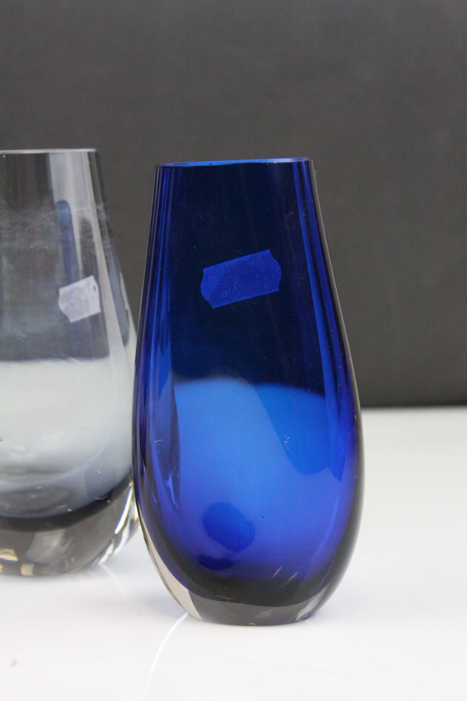 Three Whitefriars Smokey Glass Vases, tallest 20cms high together with a Studio Blue Glass Vase - Image 5 of 10