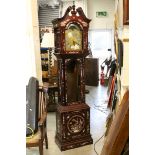 Chinese Rosewood and Mother of Pearl Inlaid Longcase Clock, the arched silvered and brass dial
