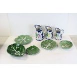 Collection of Green Leaf Plates together with Three Graduating Pottery Jugs