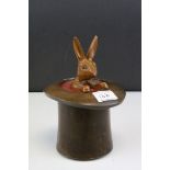 Wooden Box in the form of a Rabbit coming out of a Top Hat, 23cms high