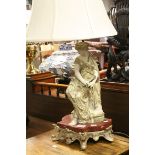 After Moreau, Painted Spelter Figural Table Lamp raised on a Rouge Marble and Gilt Metal Plinth