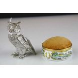 Heavy cast metal owl figure in perched position, made in England stamp, together with a Crummles &