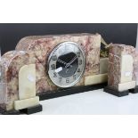 Art Deco Marble, Slate and Onyx Clock Garniture, the clock surmounted by a Gilt Metal Dragonfly,