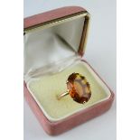 Orange stone 9ct rose gold ring, large faceted oval stone, claw settings