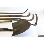 Collection of Vintage Billhooks, Sieves and Victorian Shovel