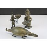 Two brass tribal figures and a similar crocodile trinket pot.