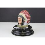Painted Metal Car Mascot in the form of a Native American Chief marked ' Feathers in our Car '