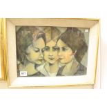 1960's Oil Painting on Board of Three Girl Portraits, indistinctly signed