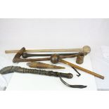 Tribal Items - Three Wooden Throwing Clubs, another Club with Leather Covered Handle and Carved with