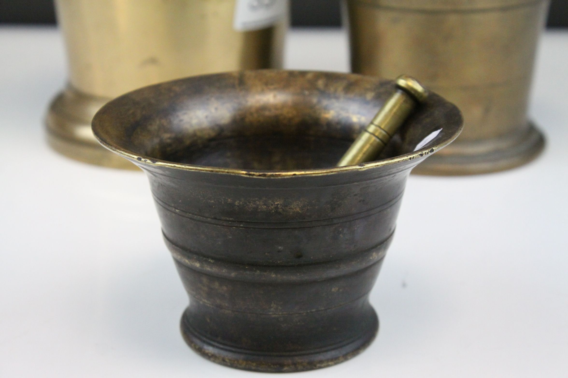 Large 19th century Brass / Bell Metal Pestle and Mortar, 17cms diameter together with another Bell - Image 4 of 8