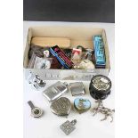 Box of Mixed Collectables including White Metal Horse, Vintage Map Measure, Stamps, Miniature Clock,