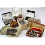 Mixed vintage ephemera to include old penny coins, Chinese cufflinks and tie clip, assorted