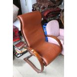 Bentwood Cantilever Open Armchair with Brown Leather Upholstered Seat and Back, 118cms high