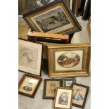 A quantitiy of framed antique prints a maple frame.