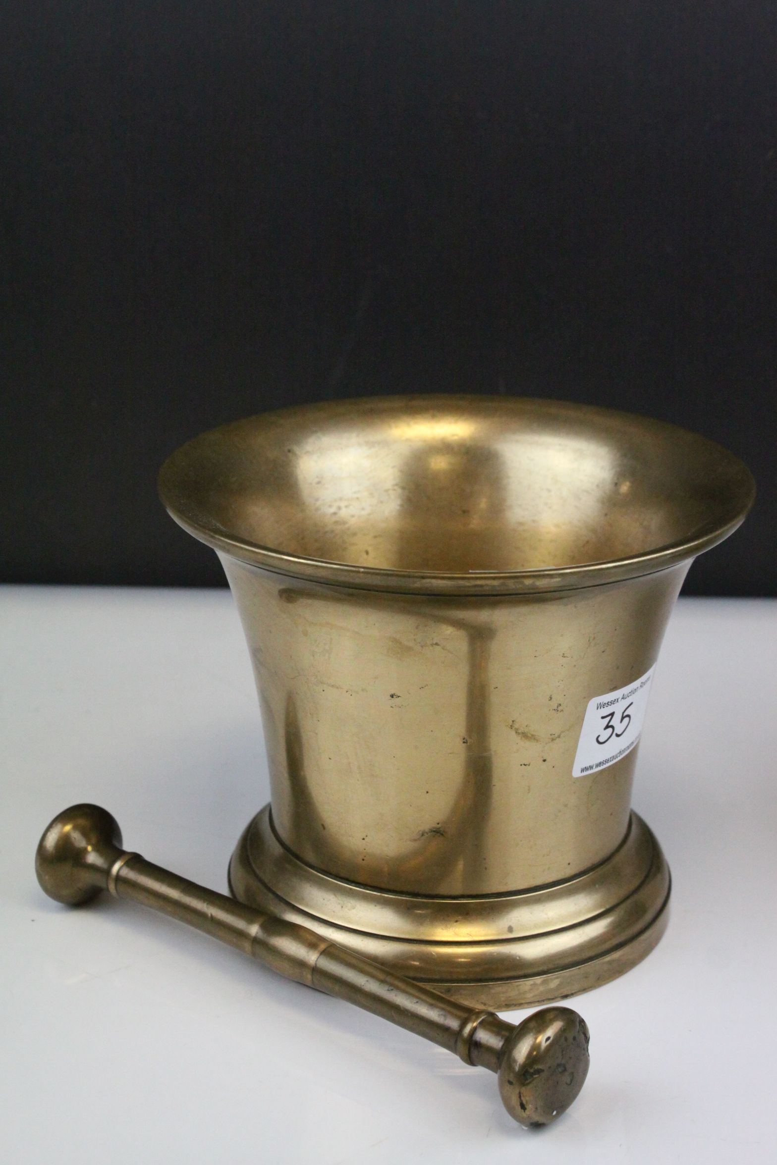 Large 19th century Brass / Bell Metal Pestle and Mortar, 17cms diameter together with another Bell - Image 8 of 8