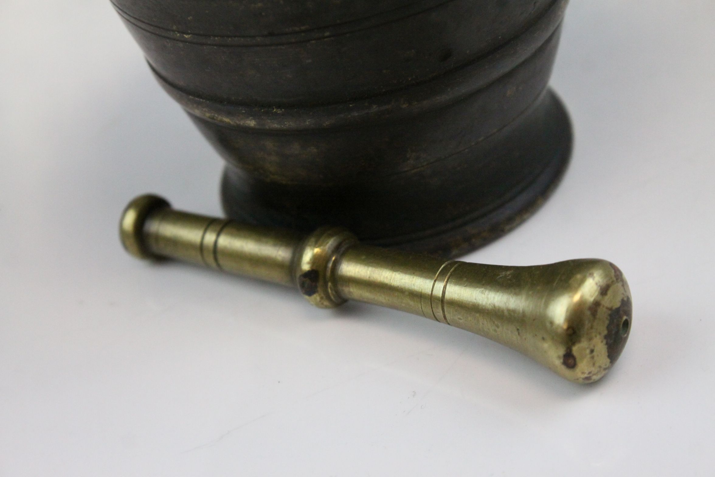 Large 19th century Brass / Bell Metal Pestle and Mortar, 17cms diameter together with another Bell - Image 5 of 8