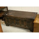 20th century Oak Coffer with Carved Panel Sides. 116cms long x 52cms high