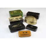 Snuff boxes, trinket boxes and vintage tins to include two 19th century papier mache snuff boxes,
