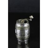 Antique Silver Plate Grinder in the form of a Barrel