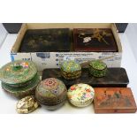 Collection of Fifteen Papier Mache Boxes including Kirby, Beard & Co ' Scientific Hair Pins ' Box
