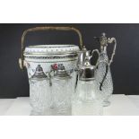 Three Glass and Silver Plate Claret Jugs, Two Glass Beer Steins with Pewter Legs and a Ceramic