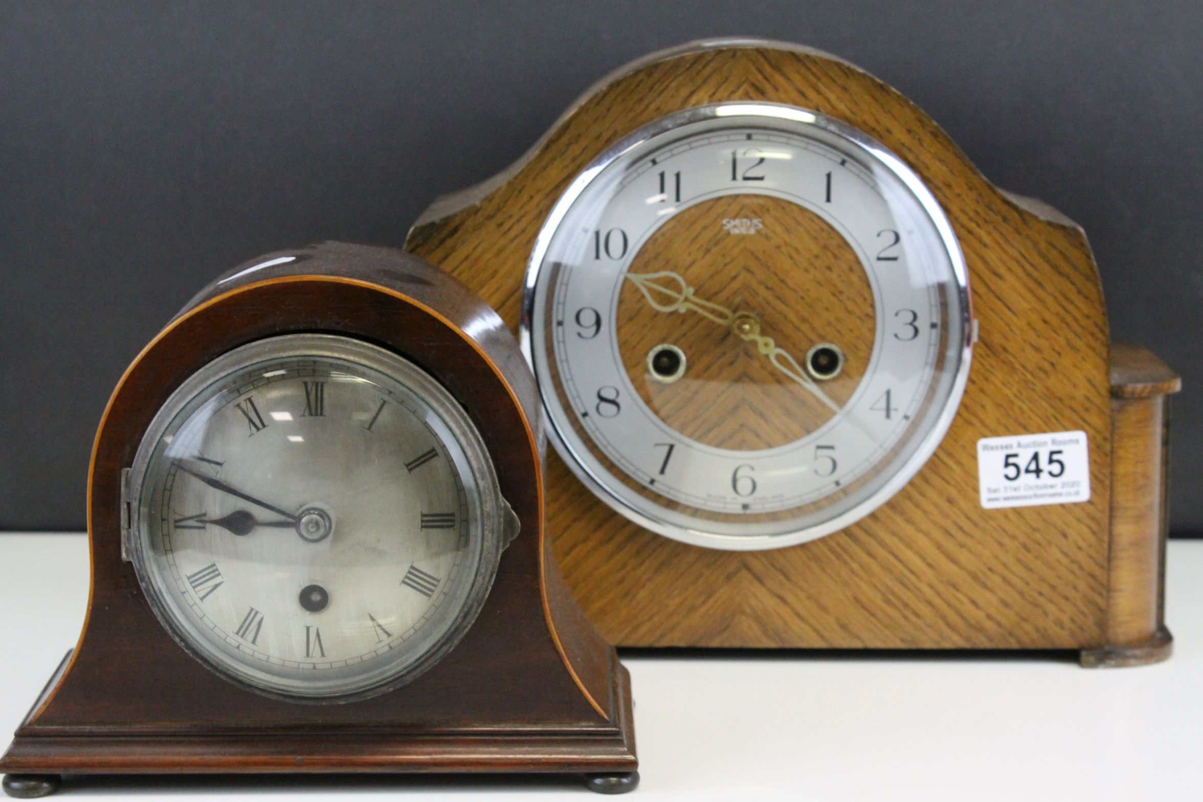Mid 20th century oak cased two train movement bracket clock and a small mahogany cased mantle