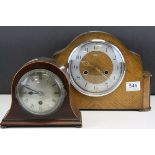 Mid 20th century oak cased two train movement bracket clock and a small mahogany cased mantle