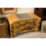 South East Asian Blanket Box with Relief Carved Panels, 100cms wide x 58cms high