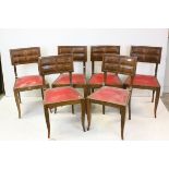 Set of Six 20th century Dining Chairs, the square bar backs with geometric carved design, stuff over